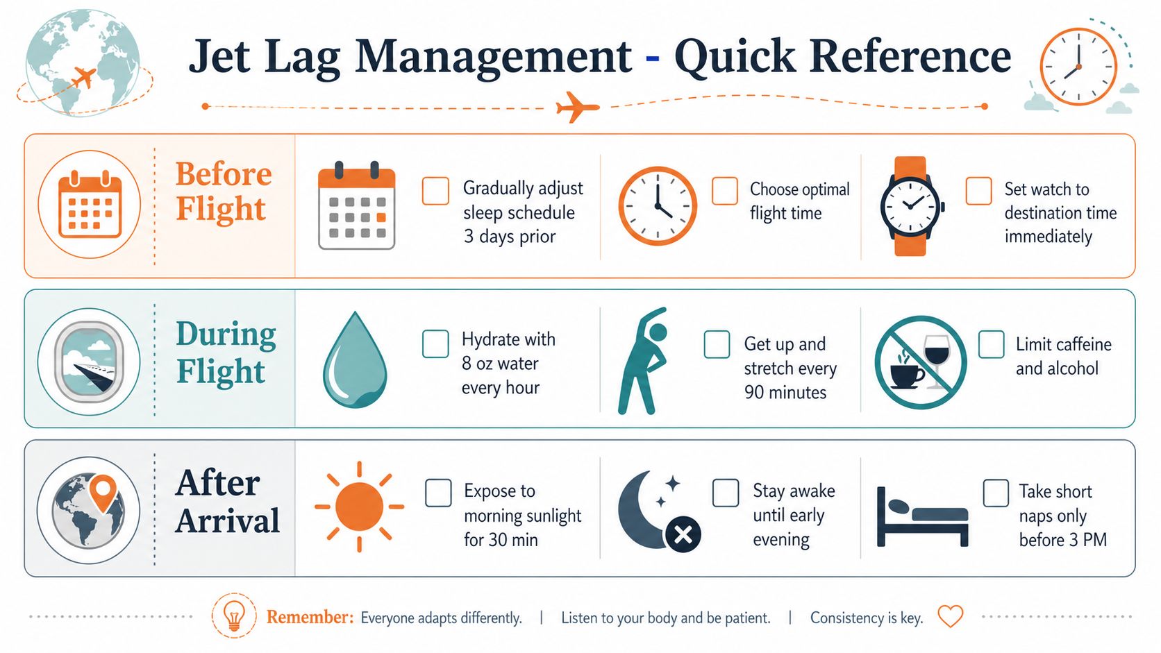 An infographic chart displaying a quick reference guide for managing jet lag before, during, and after a flight.