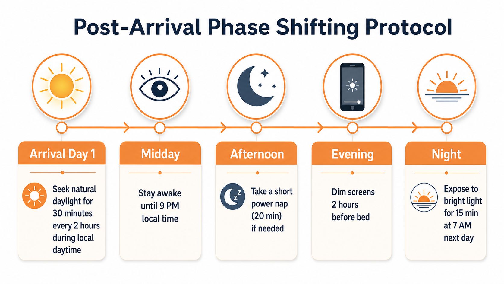 An infographic showing a Post-Arrival Phase Shifting Protocol to manage jet lag with five daily steps.