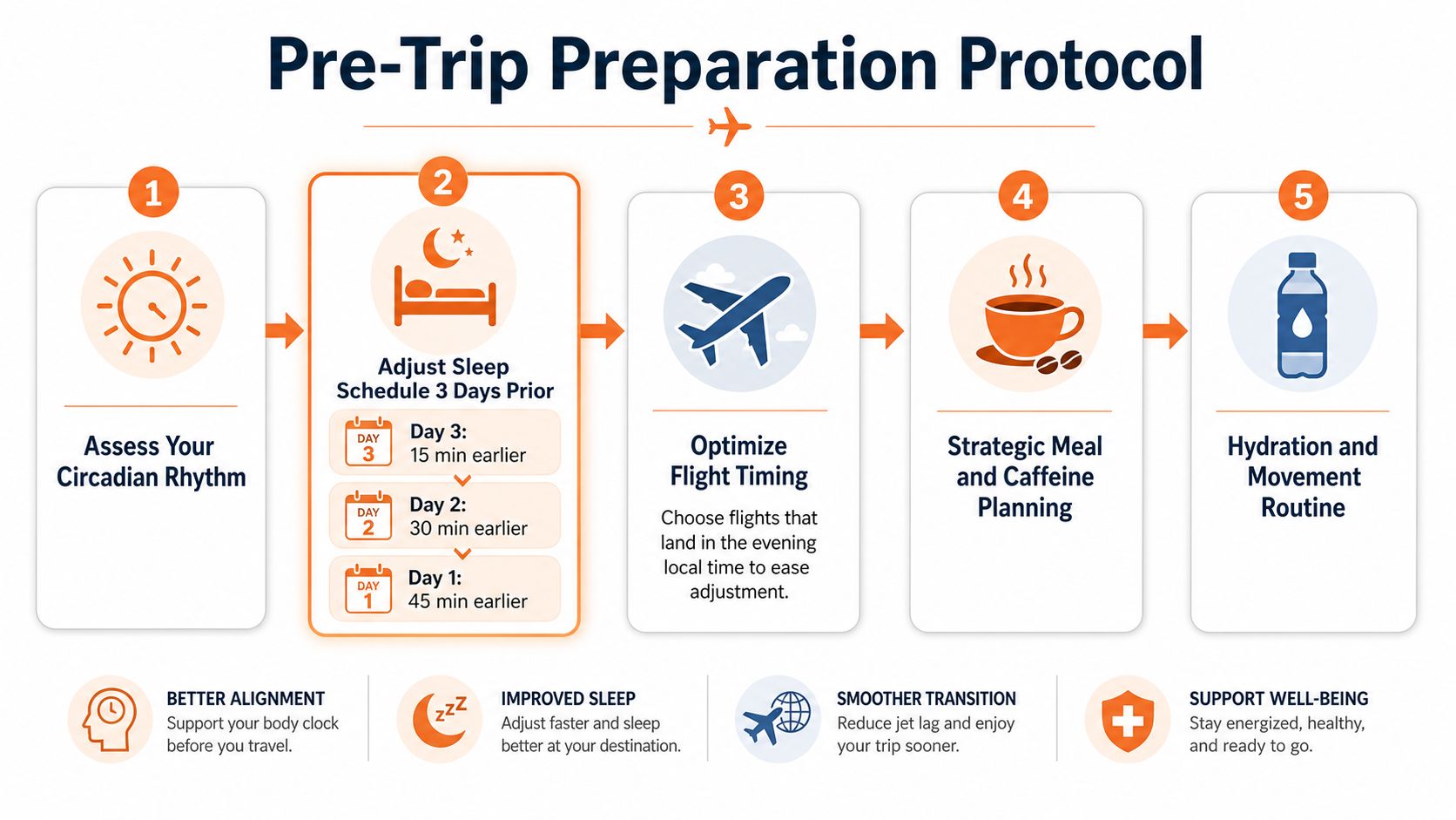 A 5-step infographic explaining a pre-trip preparation protocol to manage jet lag and travel fatigue.
