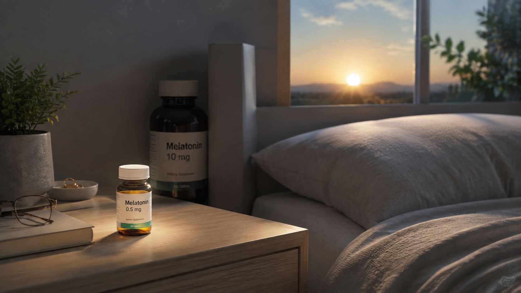 A small bottle of 0.5 mg melatonin tablets sits on a bedside table next to a sunset window.