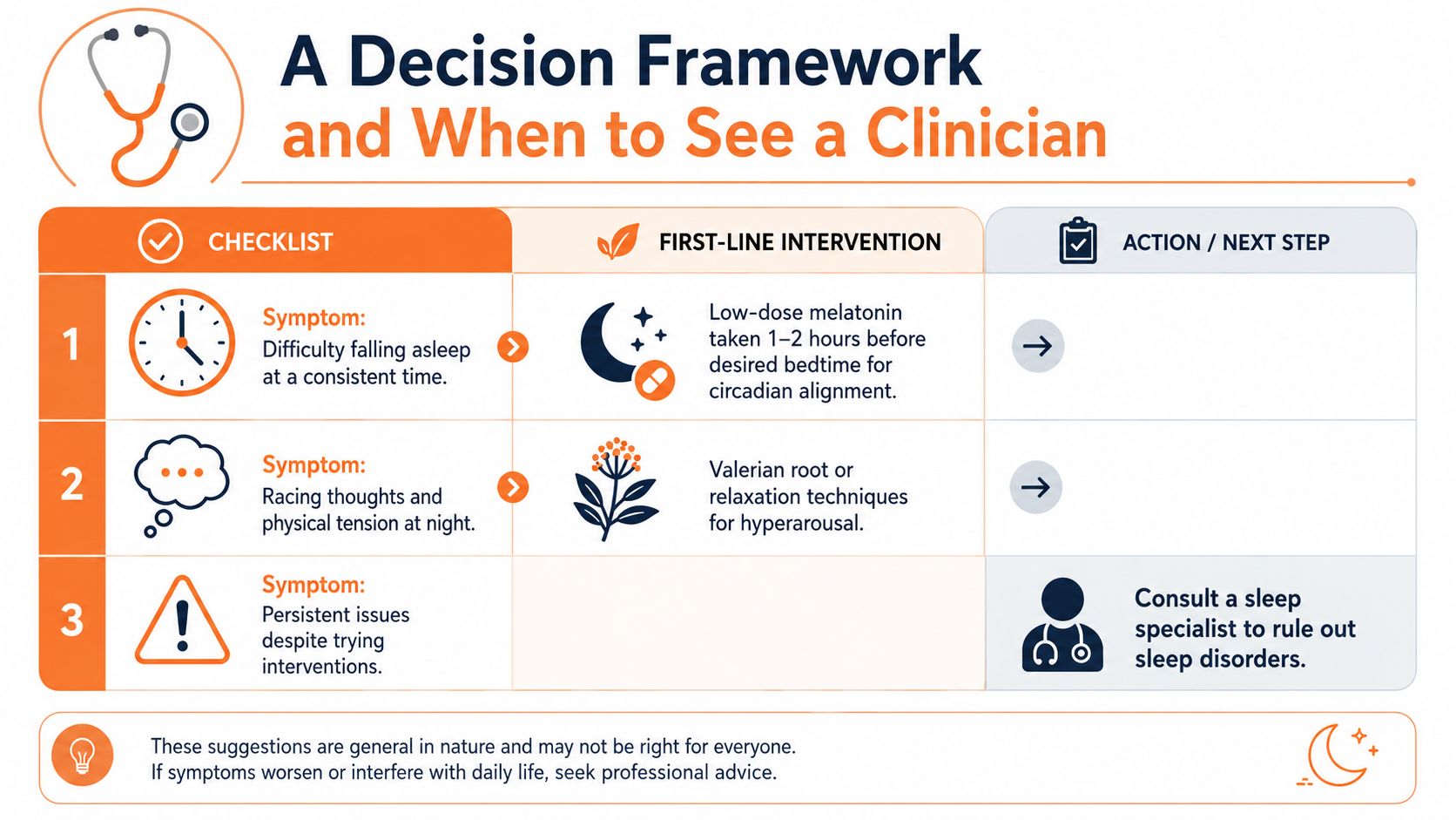 A decision framework chart outlining symptoms for sleep issues and recommended interventions including melatonin and professional consultation.