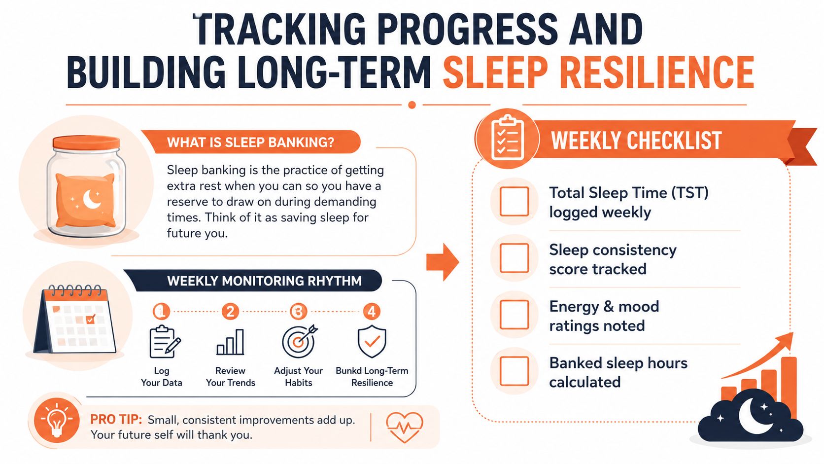 An infographic titled Tracking Progress and Building Long-Term Sleep Resilience, illustrating sleep banking concepts and a weekly checklist.