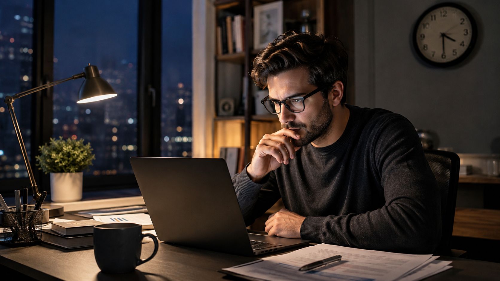 A focused man wearing glasses works late at night on his laptop in a dimly lit office.