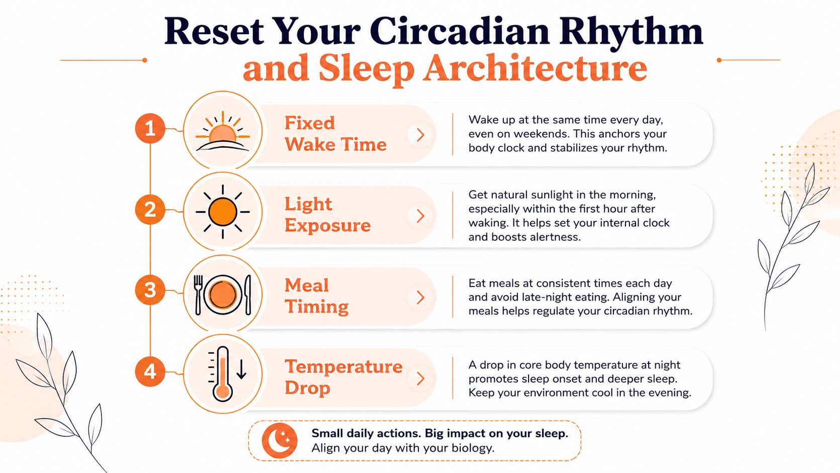 An infographic detailing four daily habits to help reset your circadian rhythm and improve sleep architecture.