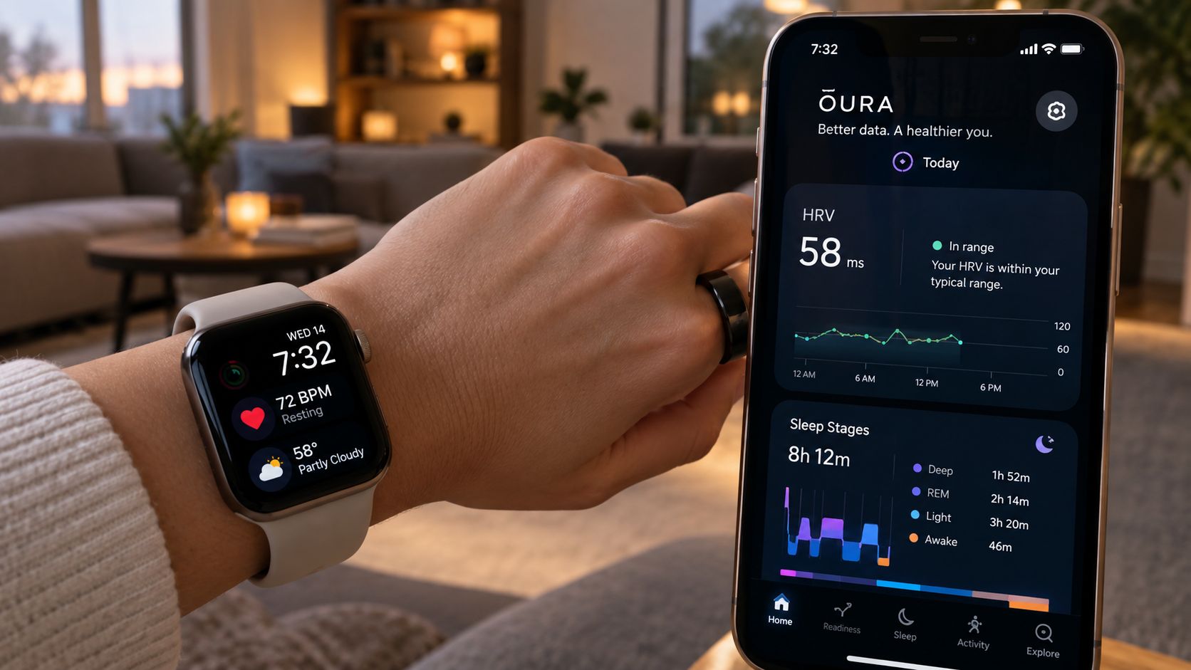A person wears a smartwatch and Oura ring while viewing health tracking data on a smartphone screen.