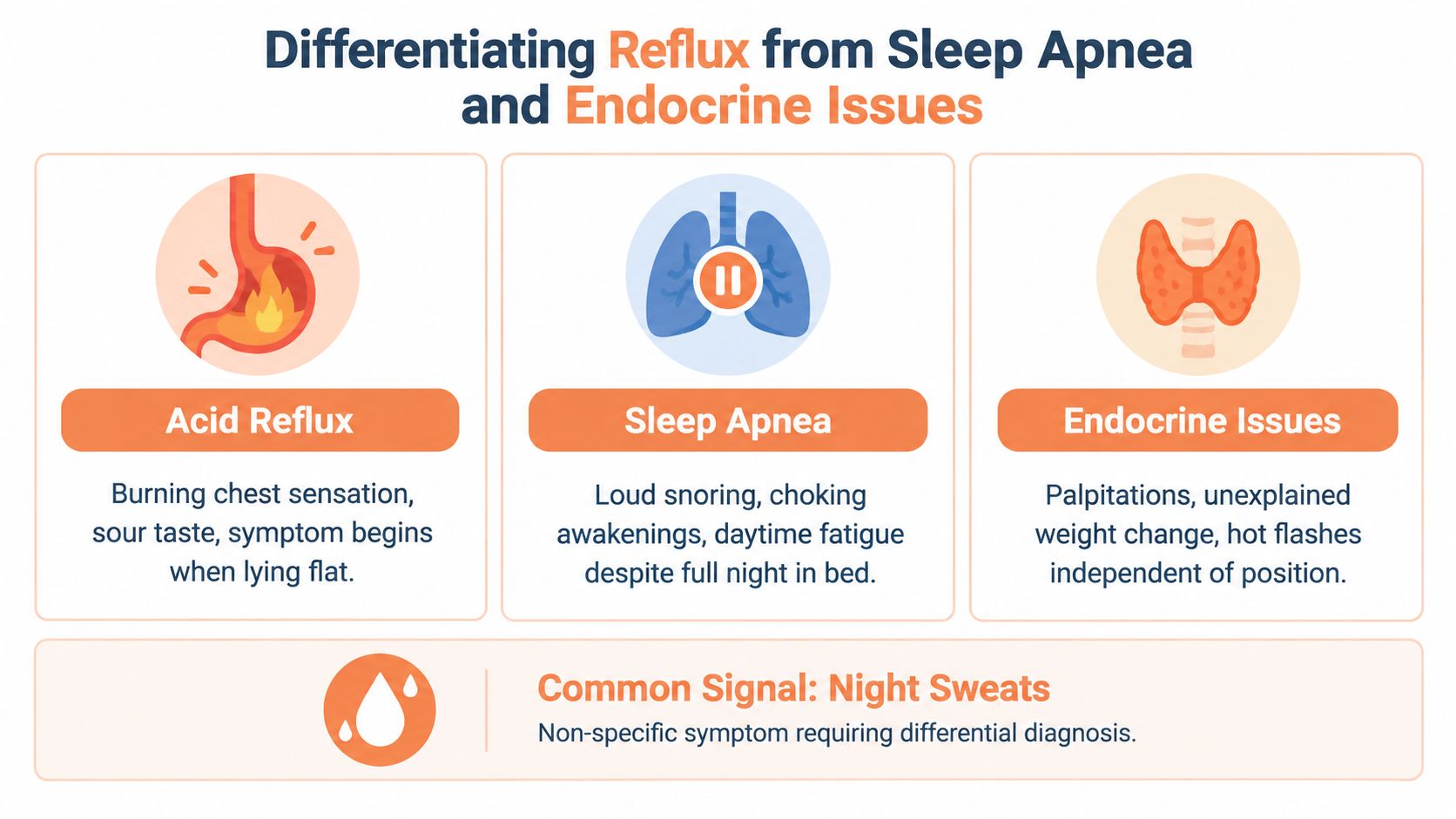 An infographic differentiating symptoms of acid reflux, sleep apnea, and endocrine issues, noting night sweats as common.
