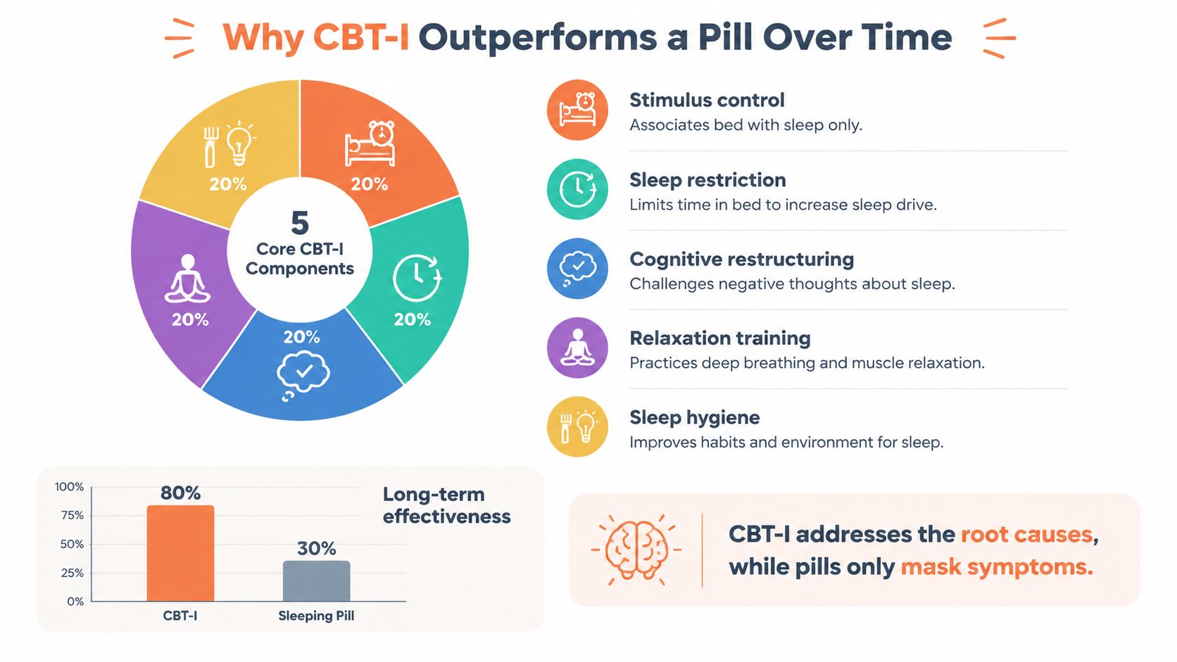 An infographic comparing CBT-I to sleeping pills, highlighting its long-term effectiveness and five core components for insomnia.