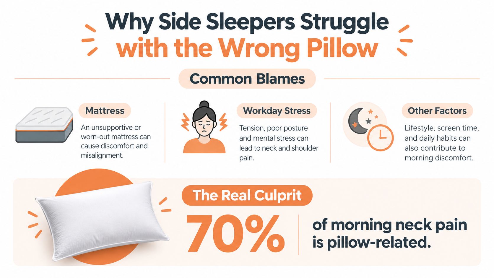 An infographic titled Why Side Sleepers Struggle with the Wrong Pillow, highlighting causes of neck pain.