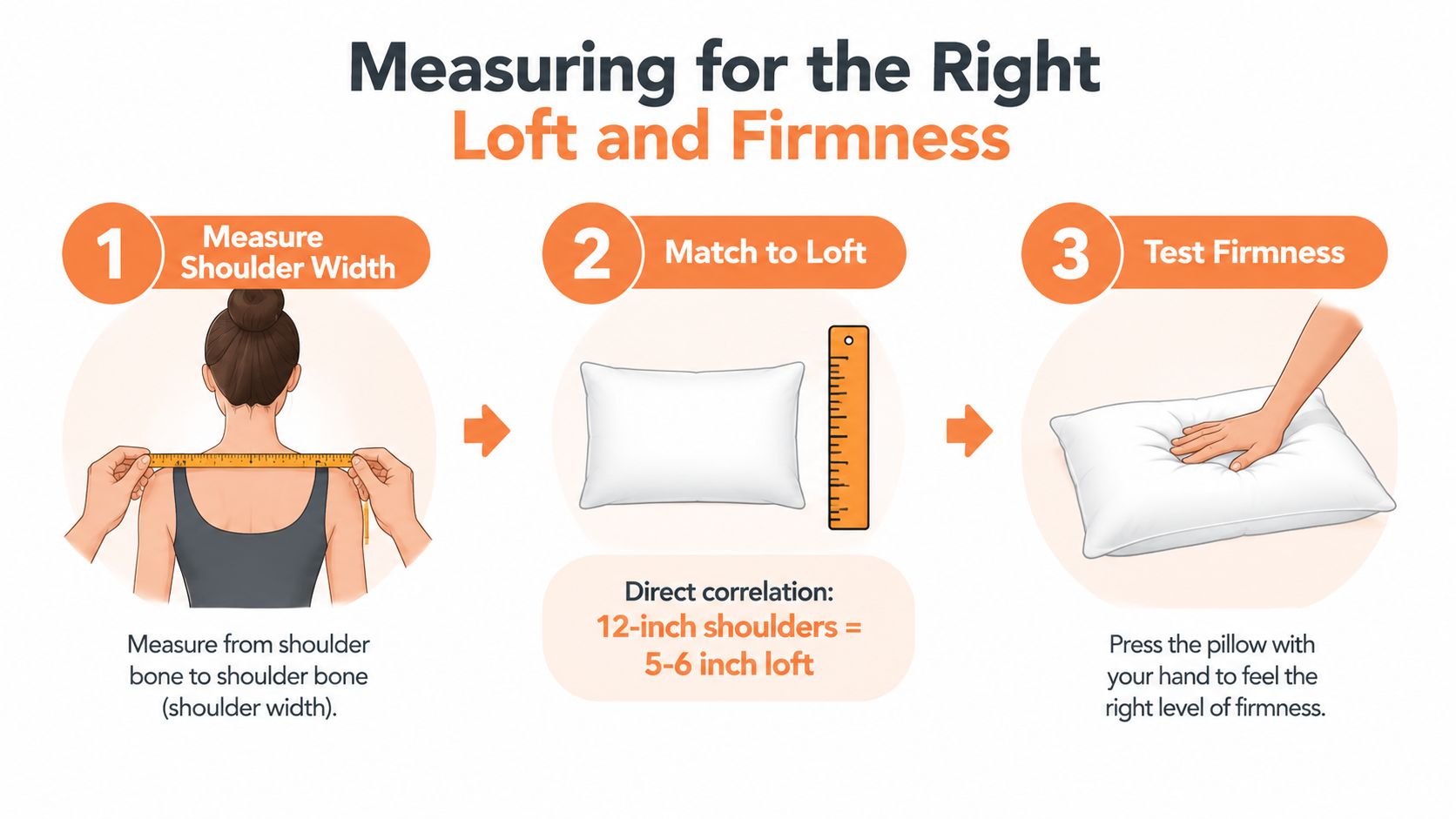 An instructional graphic showing three steps to measure shoulder width and select the right pillow loft.