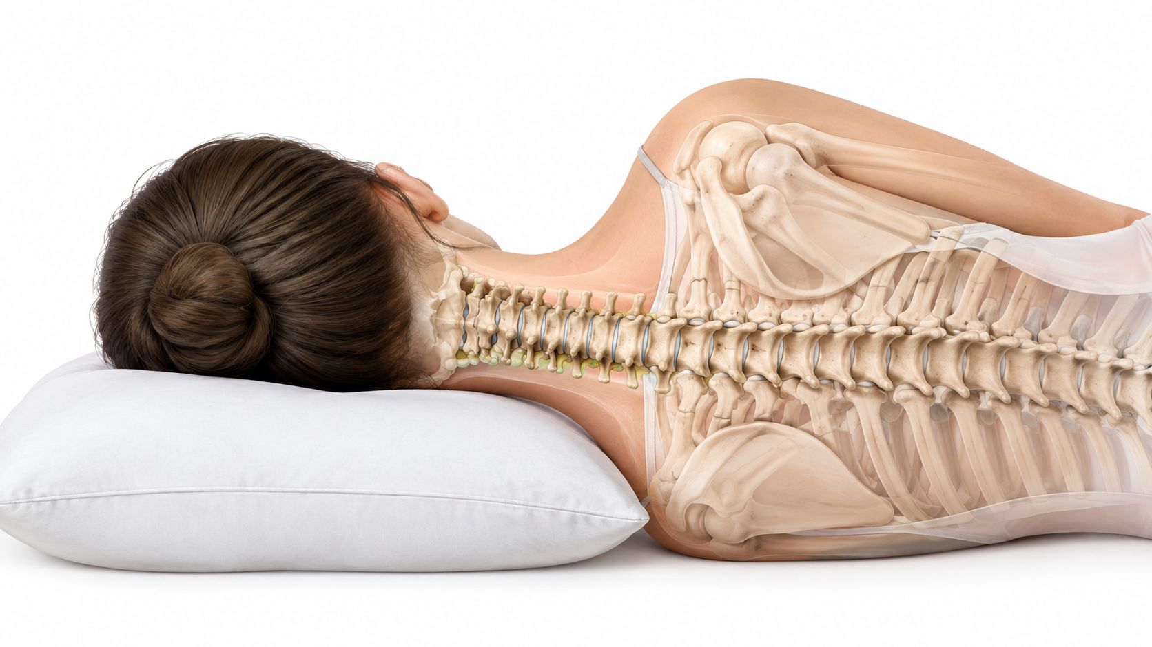 A 3D rendering showing a person sleeping on their side with their spine aligned correctly on a pillow.