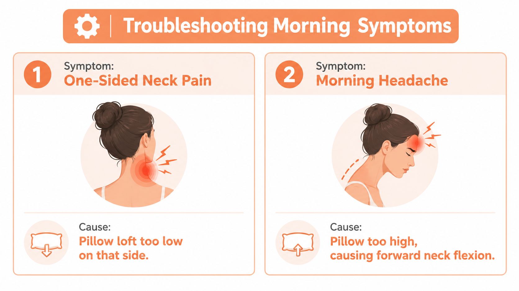 An infographic showing two common morning symptoms: one-sided neck pain and morning headaches, and their pillow-related causes.