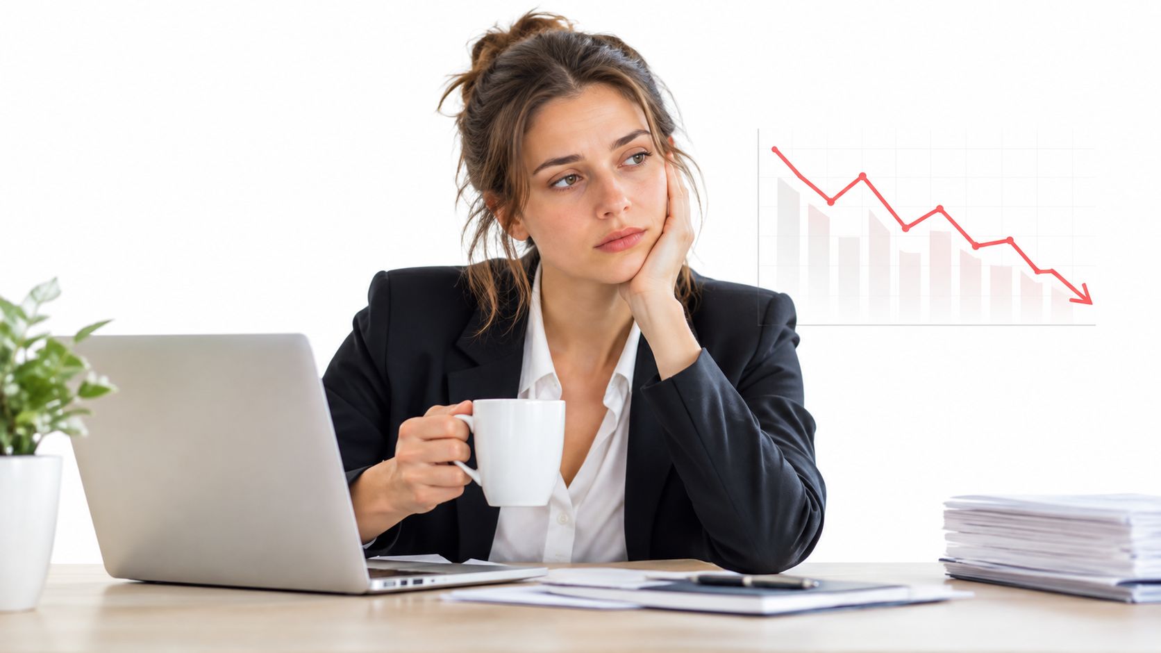A professional businesswoman looking concerned while holding a coffee cup next to a declining financial graph.