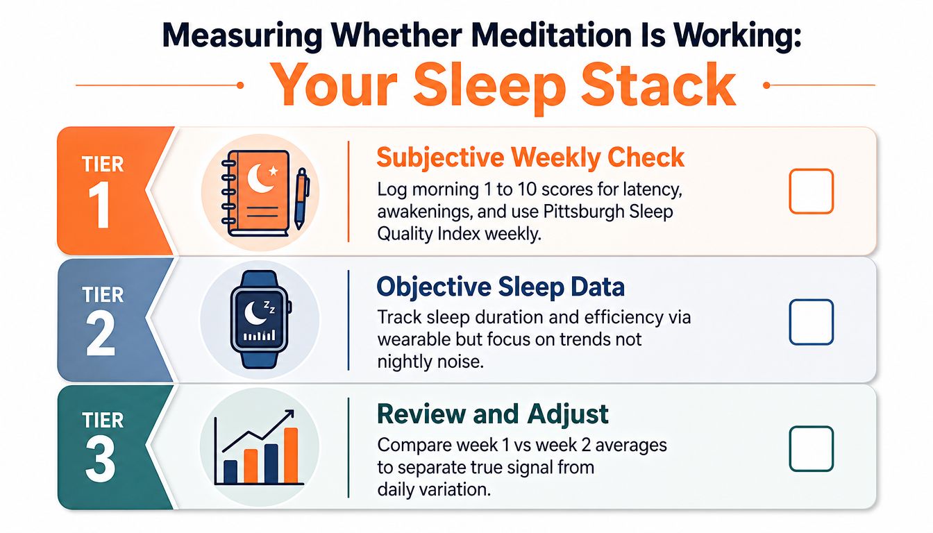 An infographic titled Your Sleep Stack, illustrating three tiers for measuring sleep improvements through meditation practices.