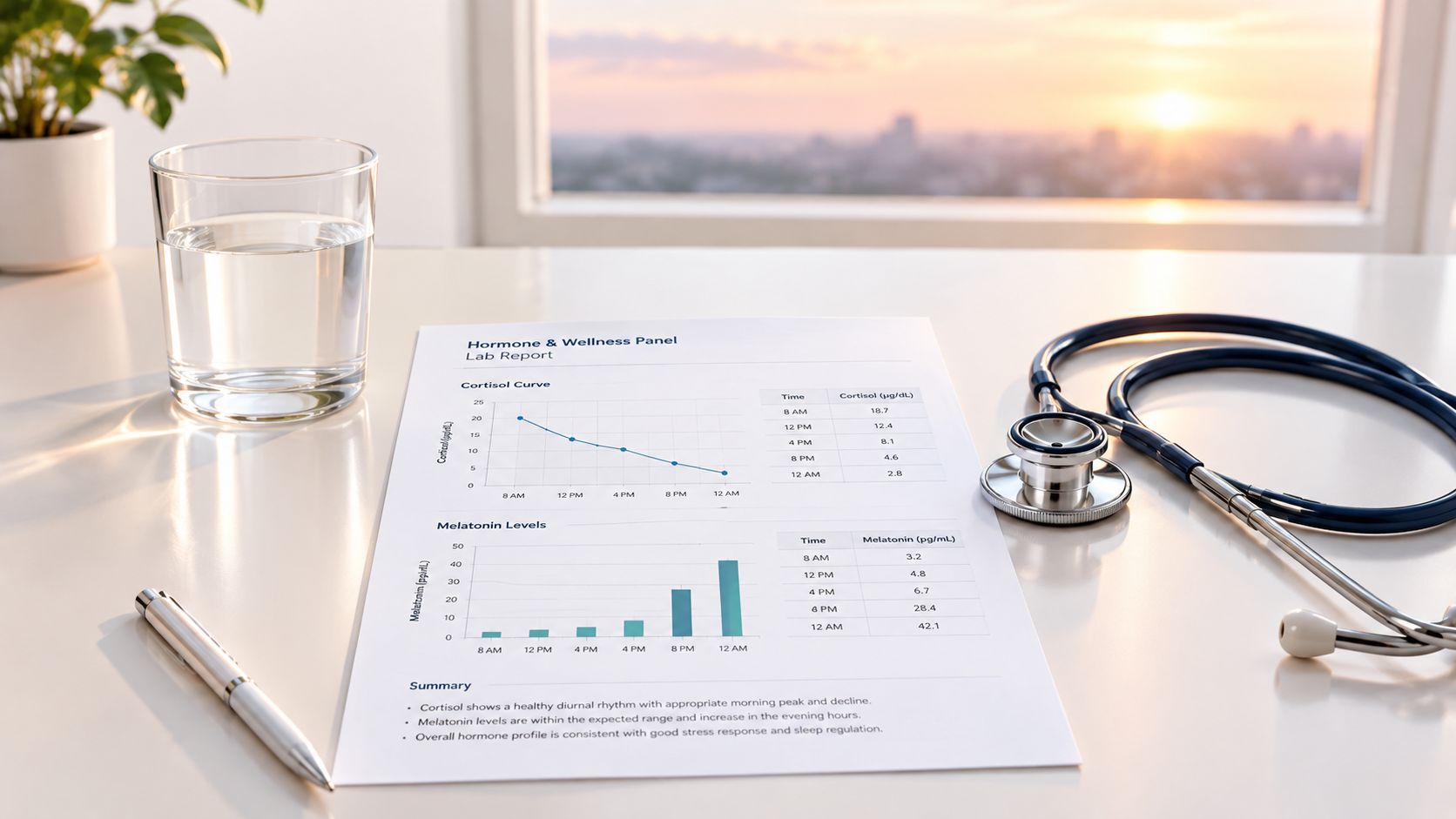 A lab report showing cortisol and melatonin levels on a desk with a stethoscope and water.
