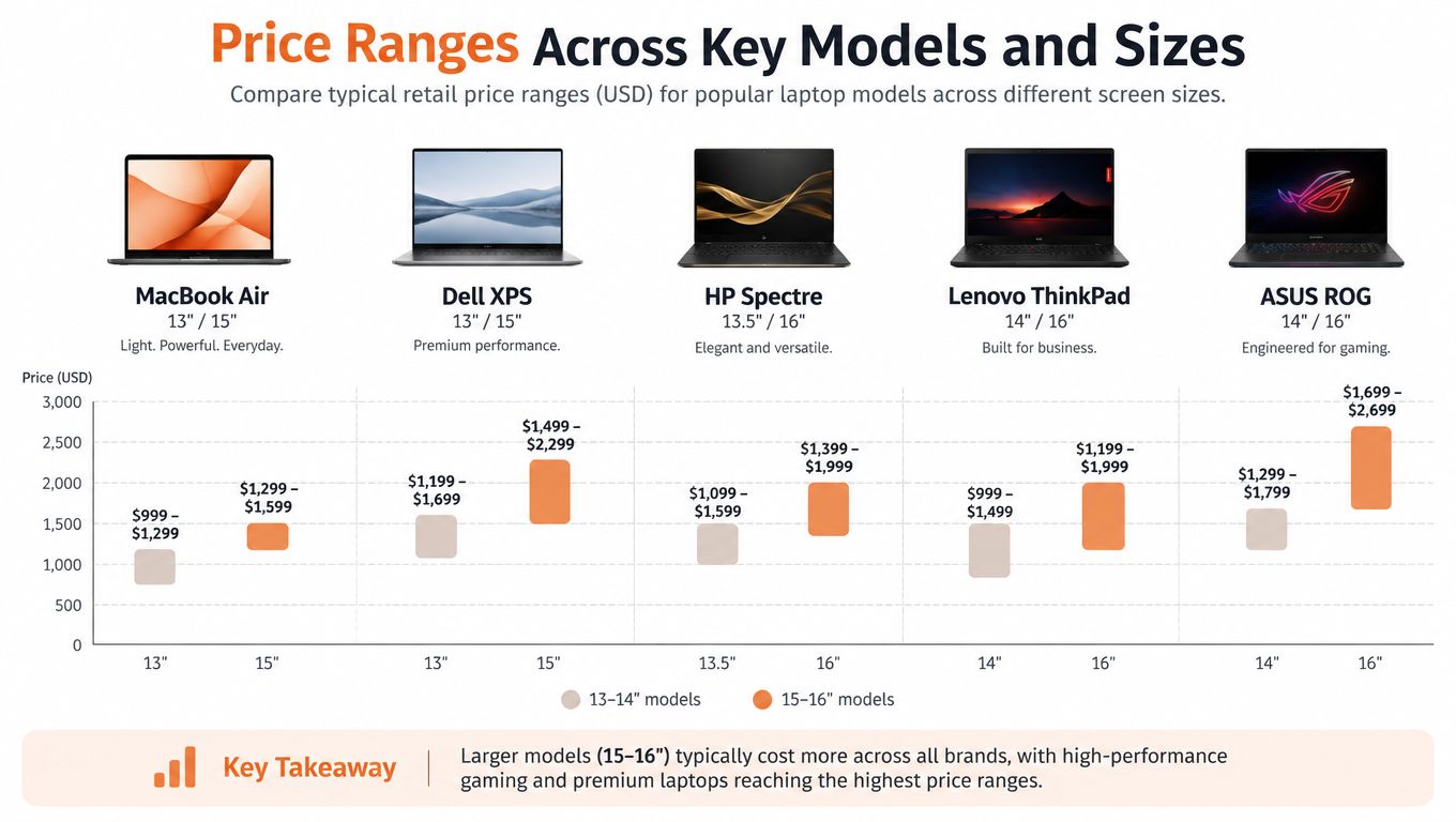 A bar chart comparing price ranges for different laptop models and screen sizes in USD.