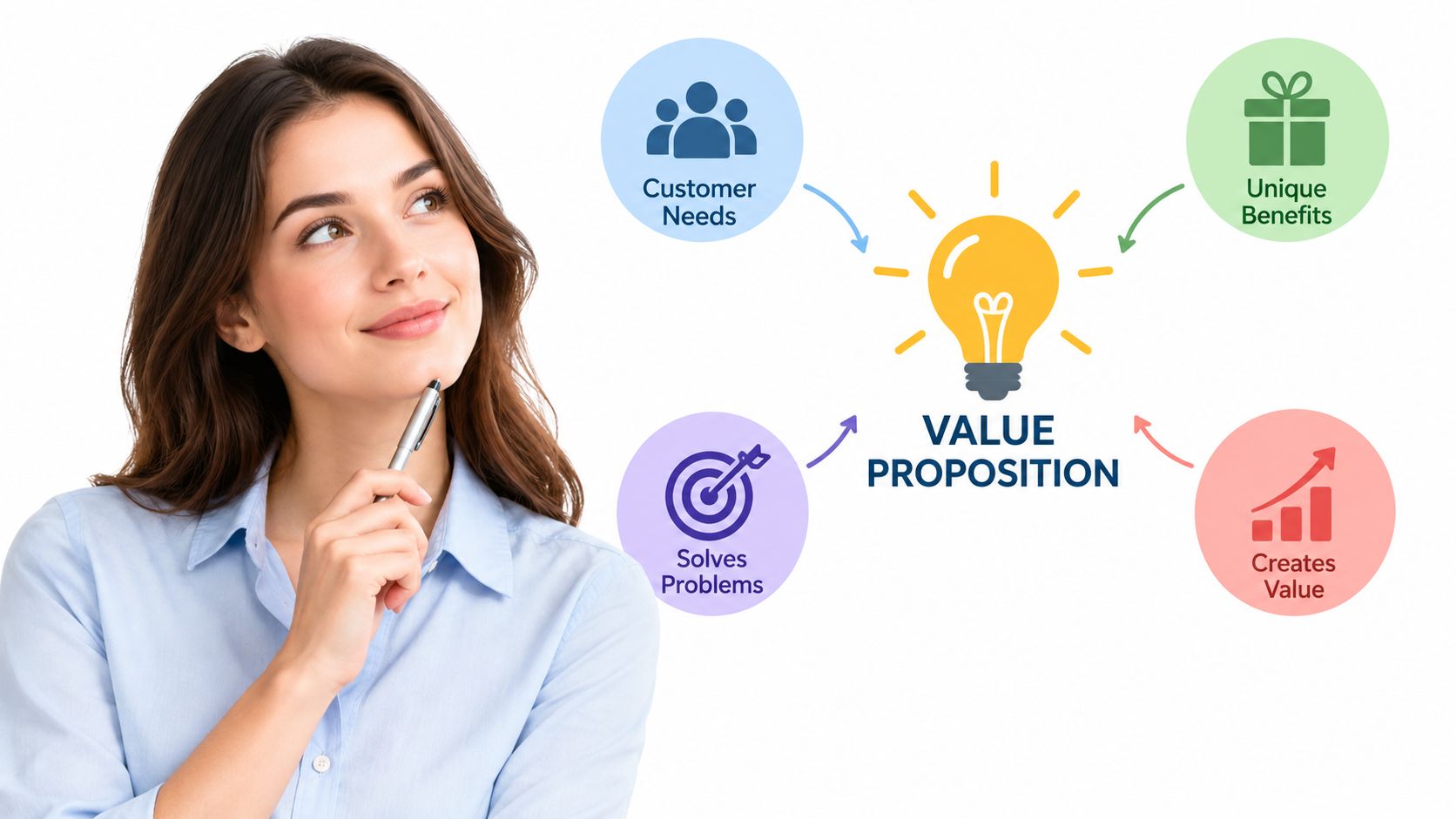 A woman thinking about the components of a value proposition like customer needs and solving problems.