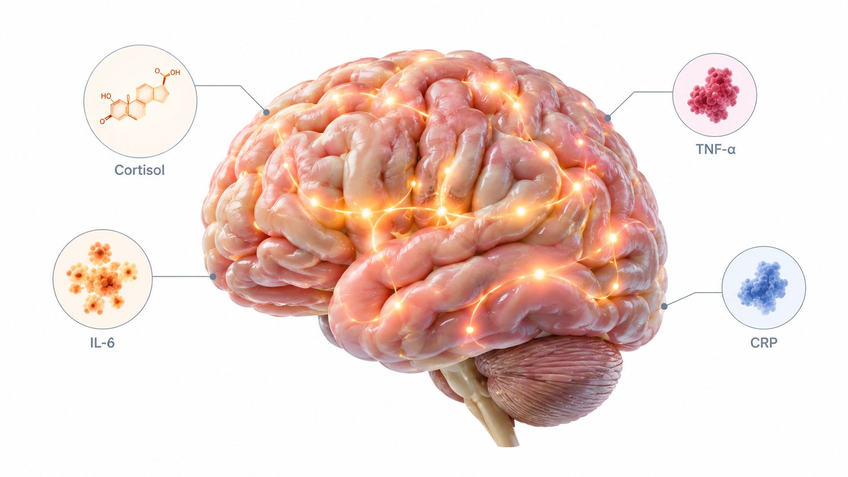 A 3D render of a human brain with highlighted chemical markers for inflammation including cortisol and proteins.