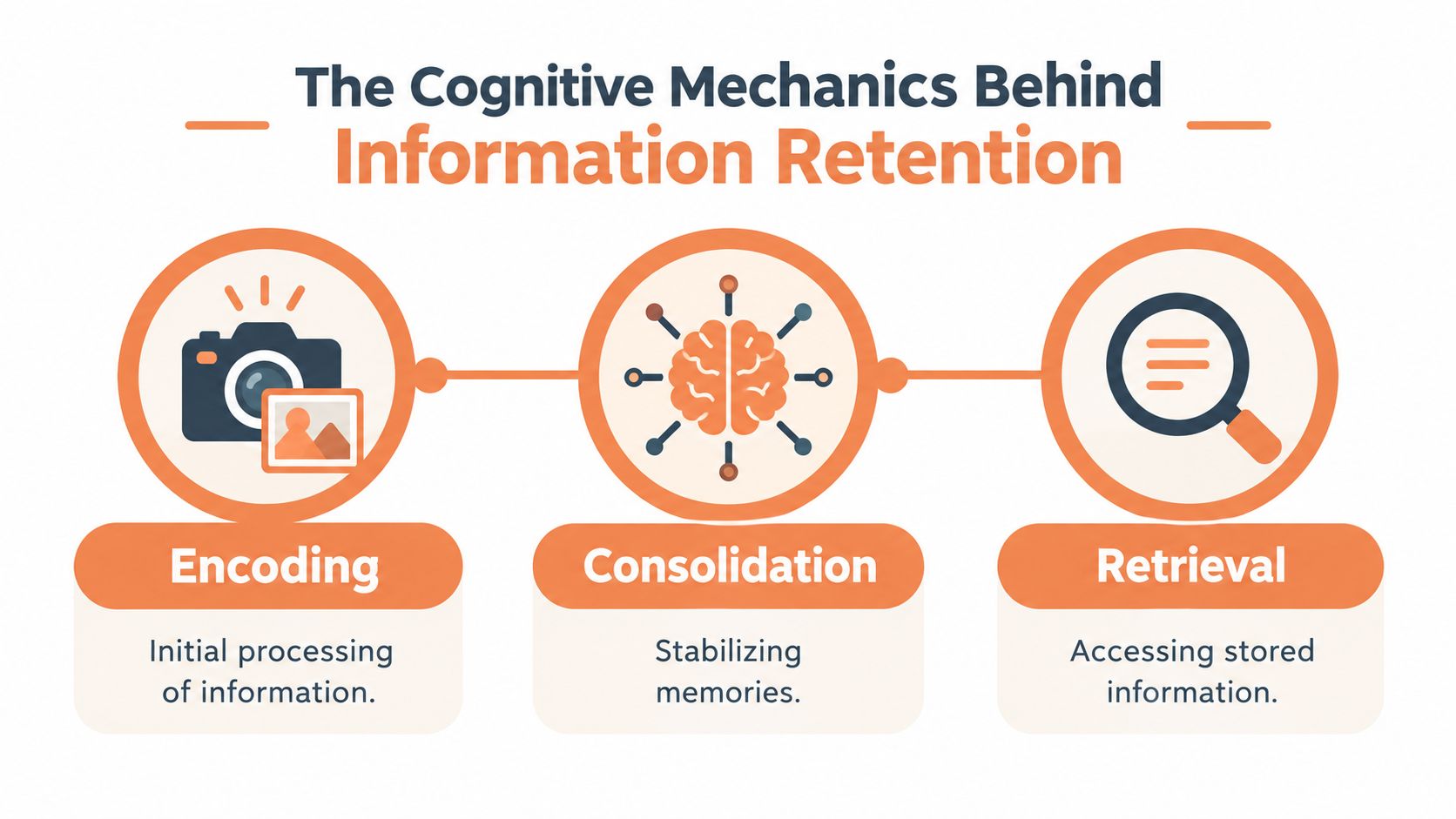 A diagram illustrating the three cognitive stages of information retention: encoding, consolidation, and retrieval.