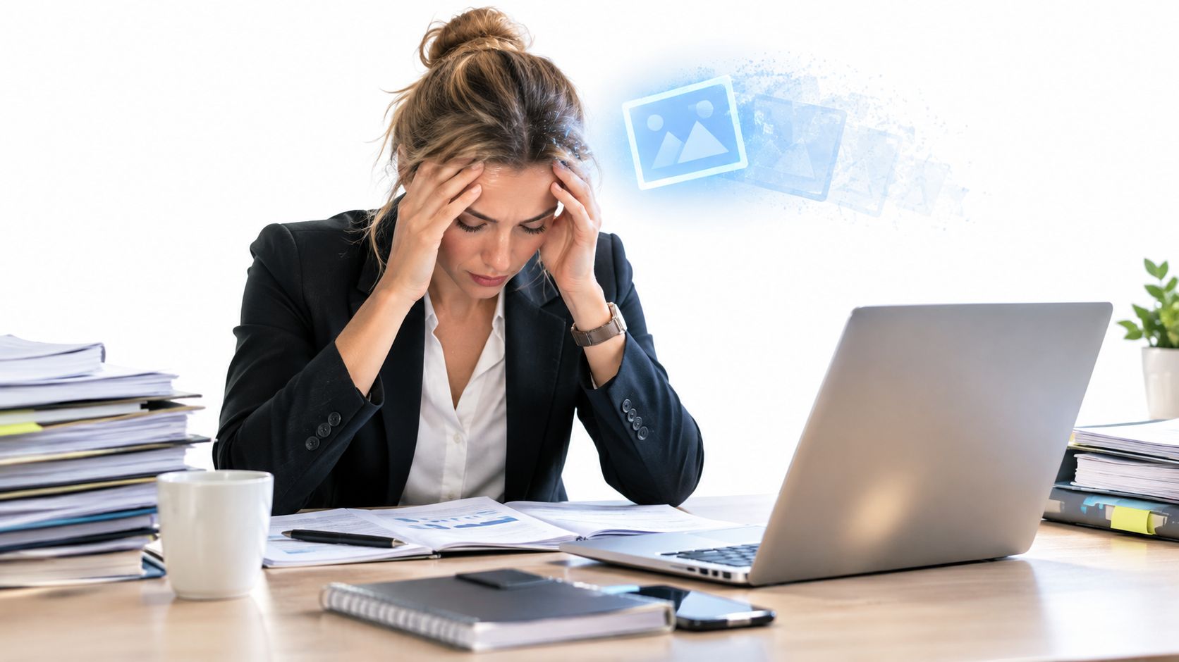 A stressed woman sitting at her desk with stacks of documents, looking overwhelmed while working on her laptop.