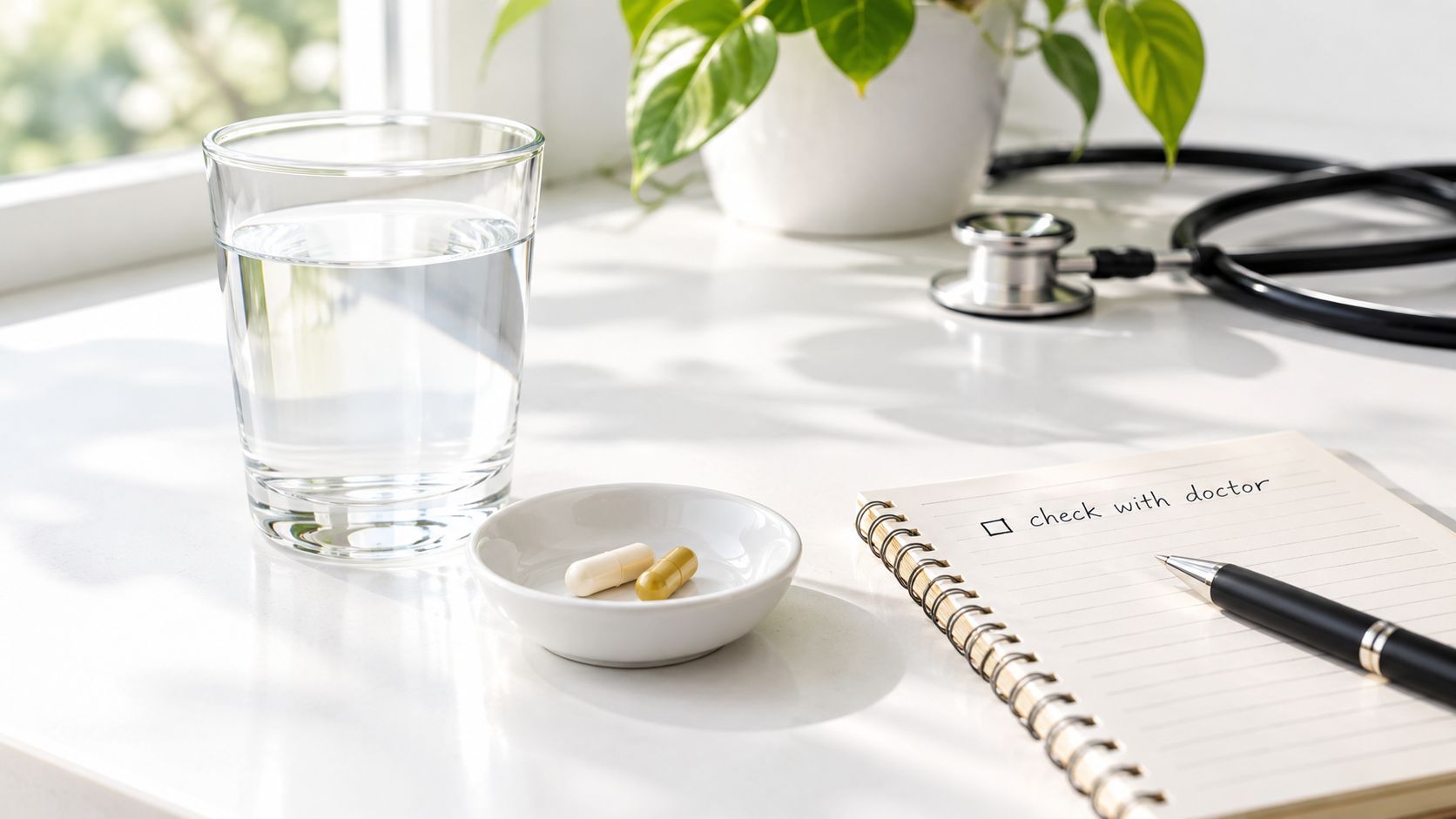 A glass of water, two pills in a bowl, a notebook, and a stethoscope on a table.