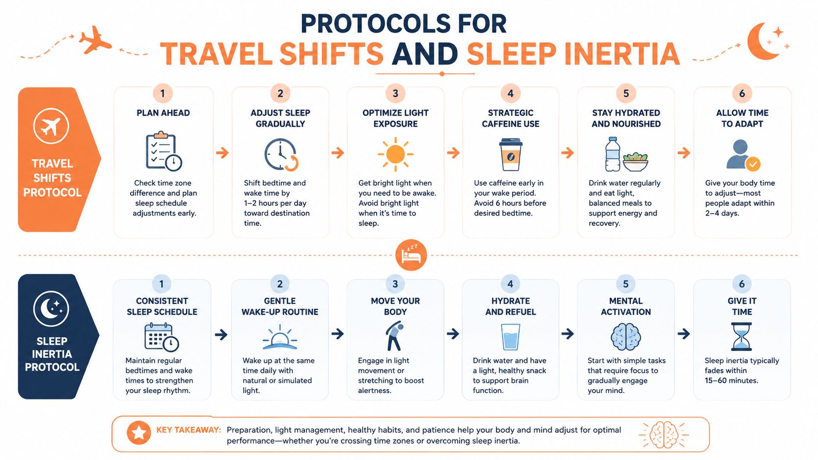 An infographic detailing step-by-step protocols for managing travel shifts and overcoming morning sleep inertia effectively.