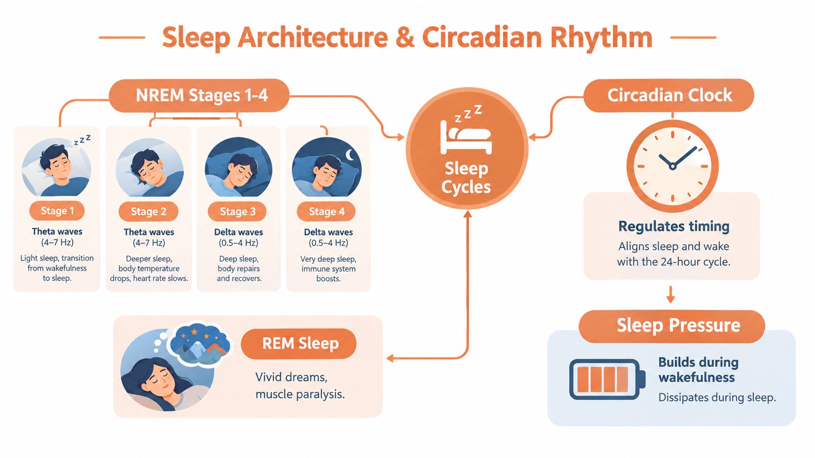 A diagram illustrating sleep architecture, NREM stages 1-4, REM sleep, the circadian clock, and sleep pressure.