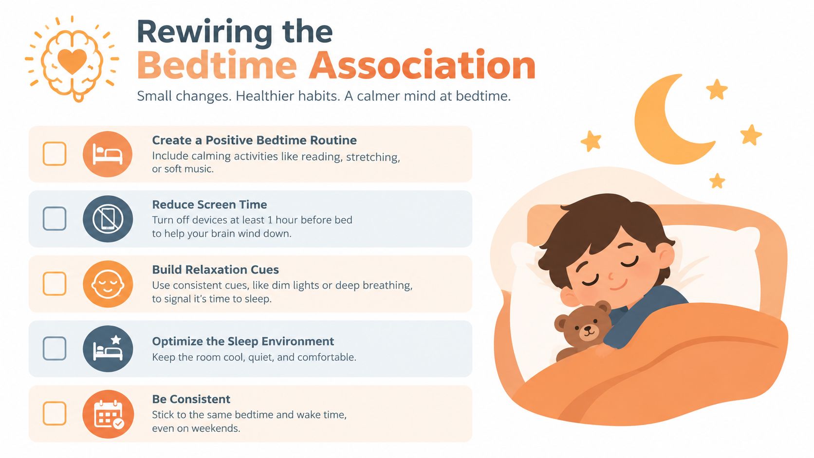 An infographic illustrating five healthy habits for rewiring bedtime associations and promoting better sleep.