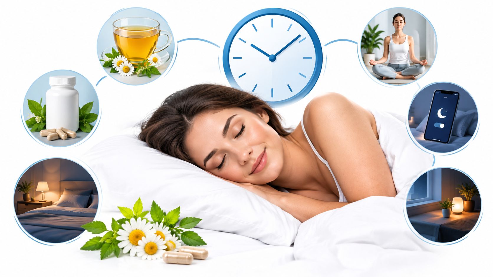 A peaceful woman sleeping soundly in bed, surrounded by icons of sleep hygiene, herbal tea, and meditation.