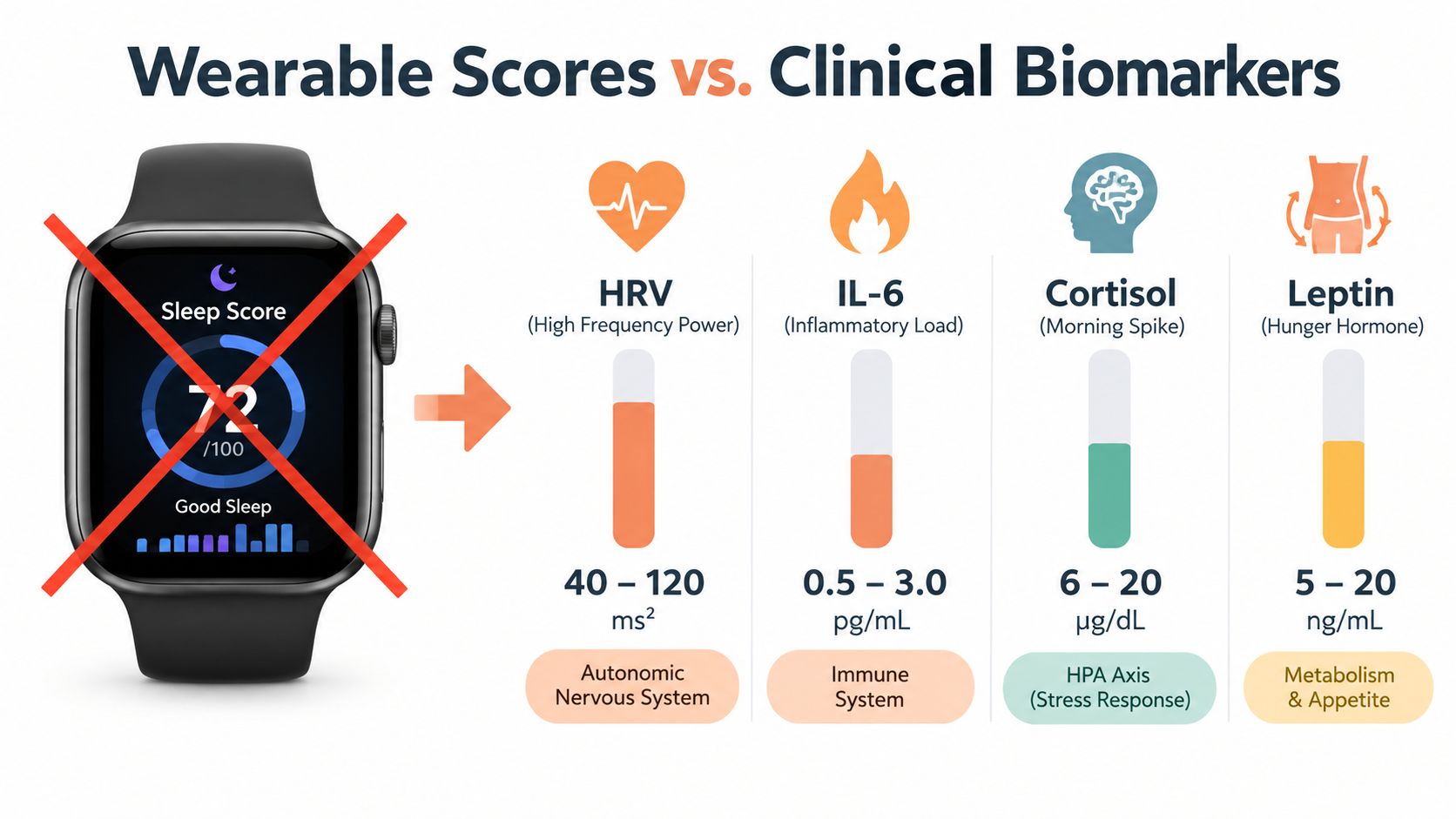 A diagram comparing wearable sleep scores with clinical biomarkers like HRV, IL-6, cortisol, and leptin levels.