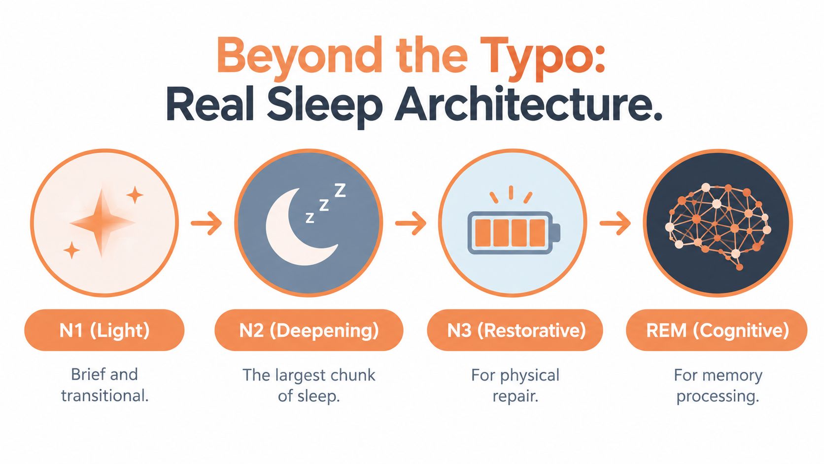A diagram illustrating the stages of sleep architecture from light sleep to cognitive REM cycles.
