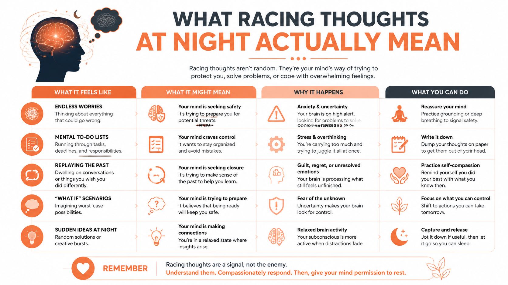 An infographic titled What Racing Thoughts at Night Actually Mean, explaining the reasons and coping strategies.