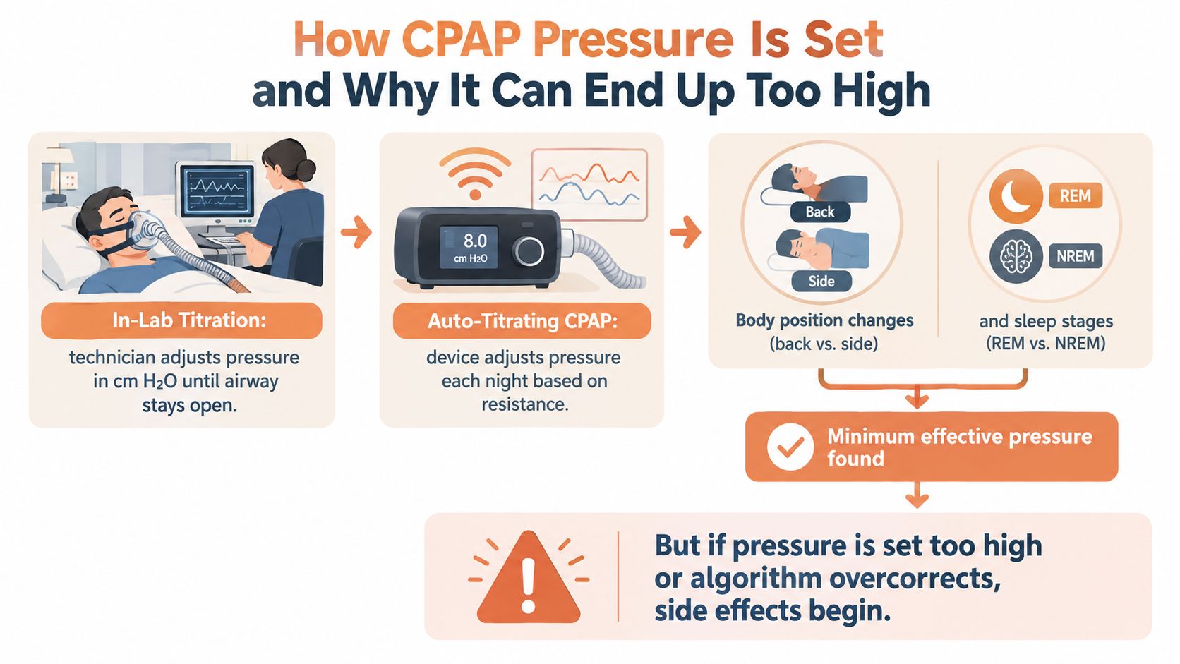 A diagram illustrating how CPAP pressure is set via in-lab titration and auto-titrating machines, including potential risks.