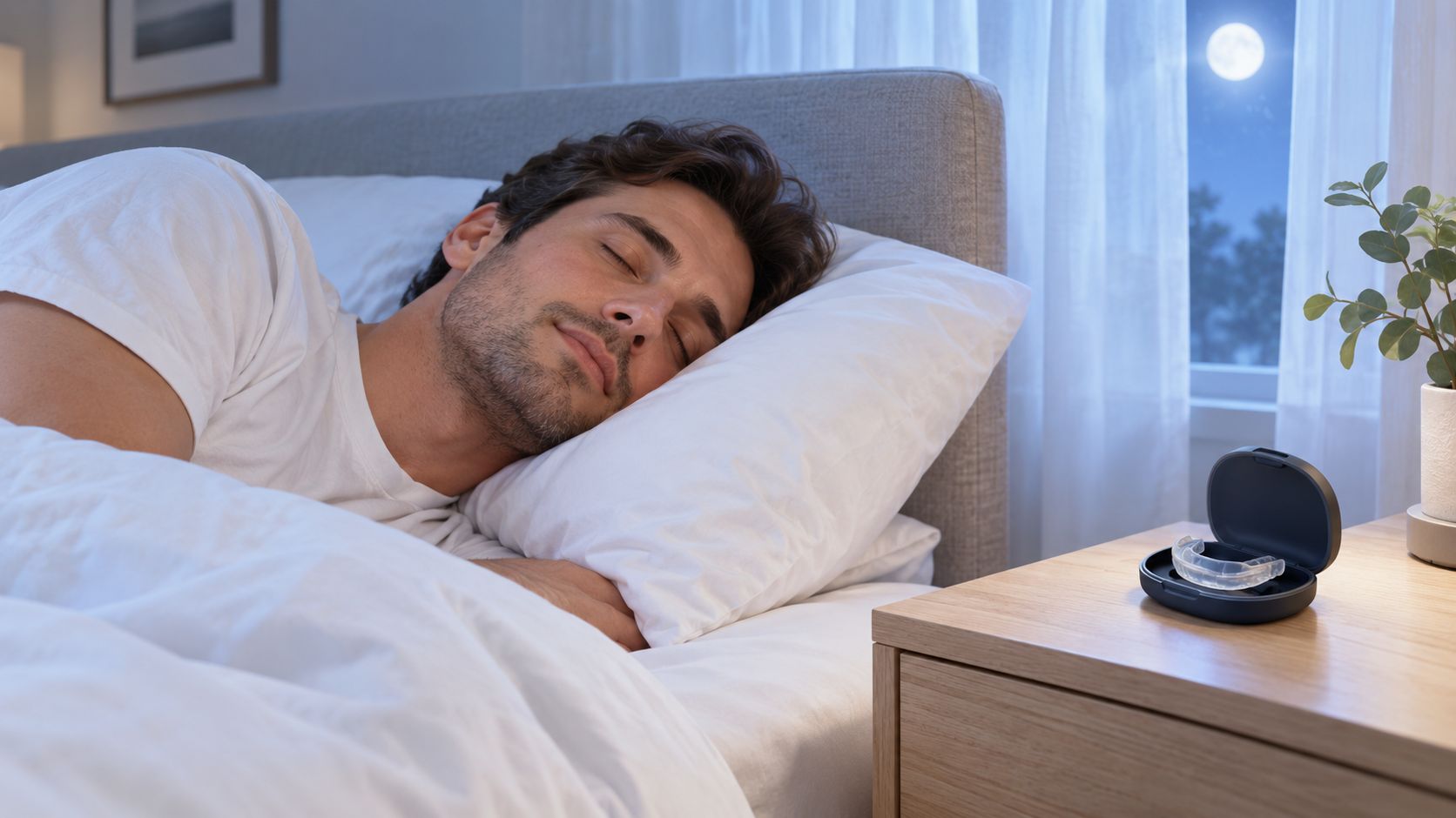 A young man sleeping peacefully in his bed with a mouth guard case on the nightstand.