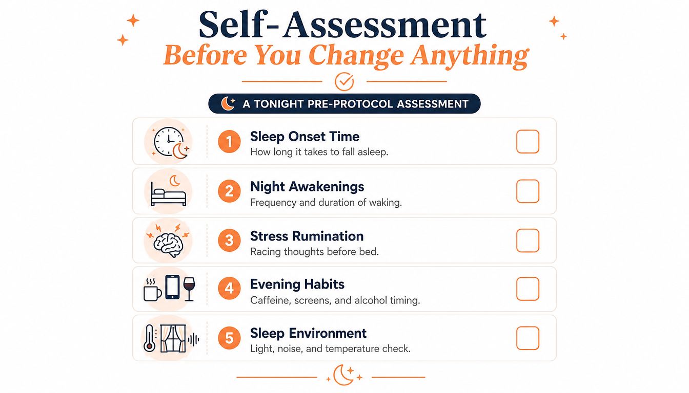 A checklist for self-assessment of sleep quality including metrics like onset time, awakenings, and evening habits.