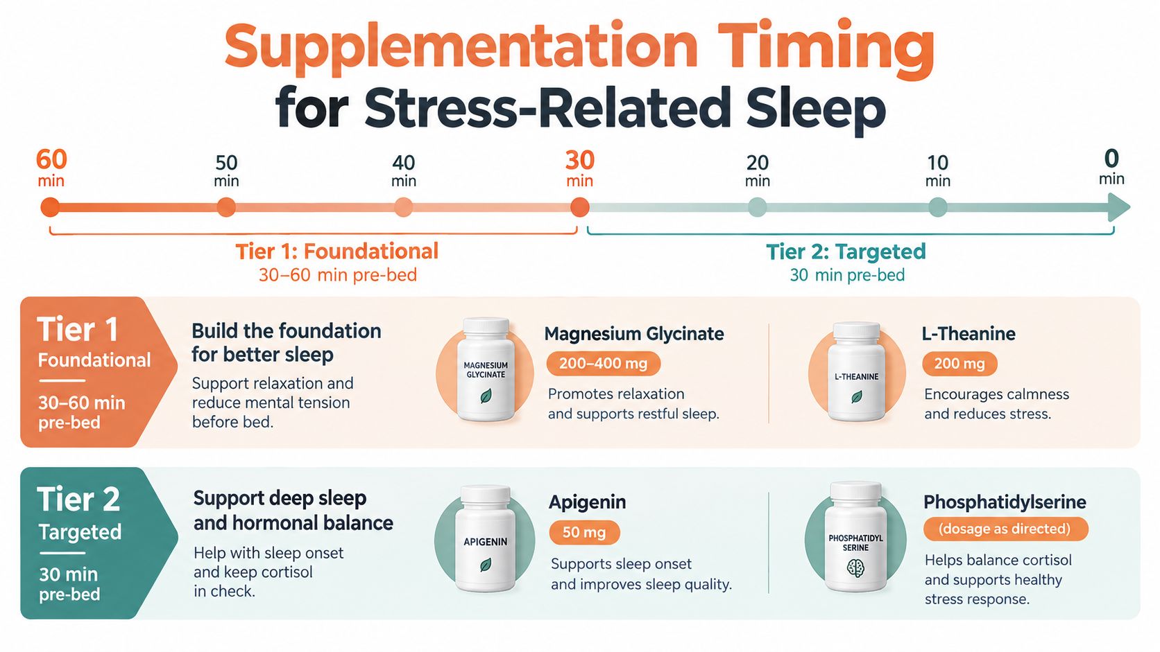 A supplement timing chart for stress-related sleep showing Tier 1 and Tier 2 supplements to take before bed.