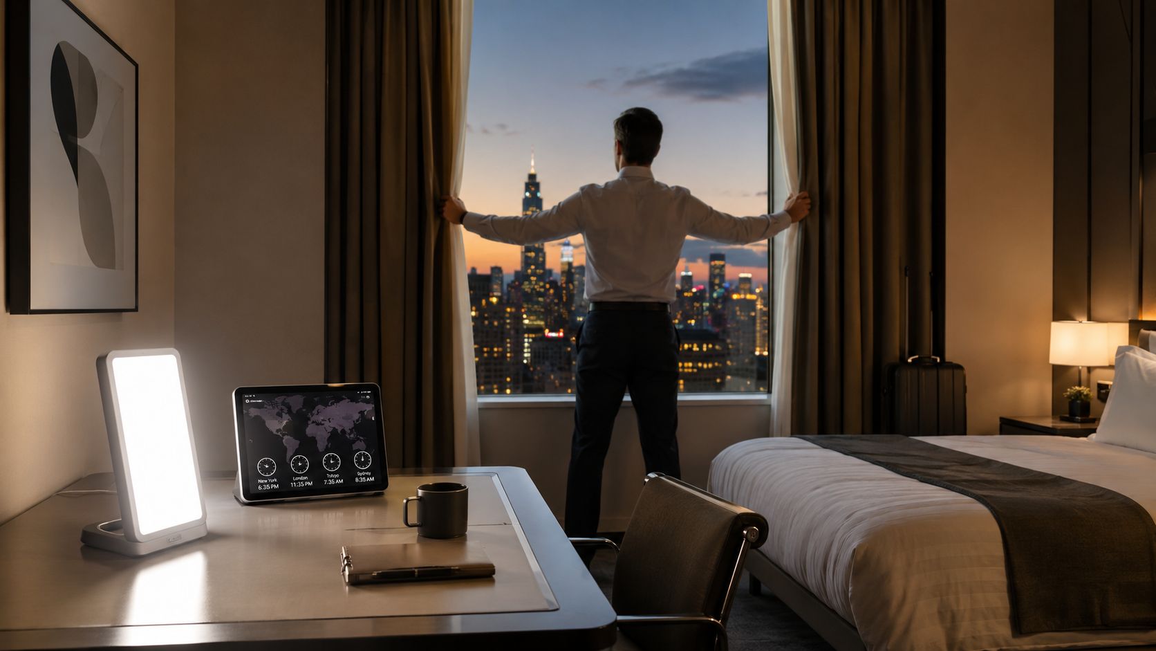 A businessman standing at a window in a hotel room looking out at a city skyline sunset.