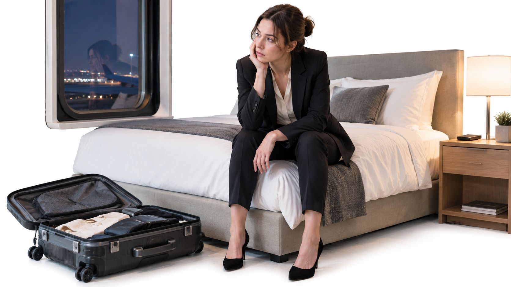 A tired business woman in a suit sitting on a hotel bed near an open suitcase.