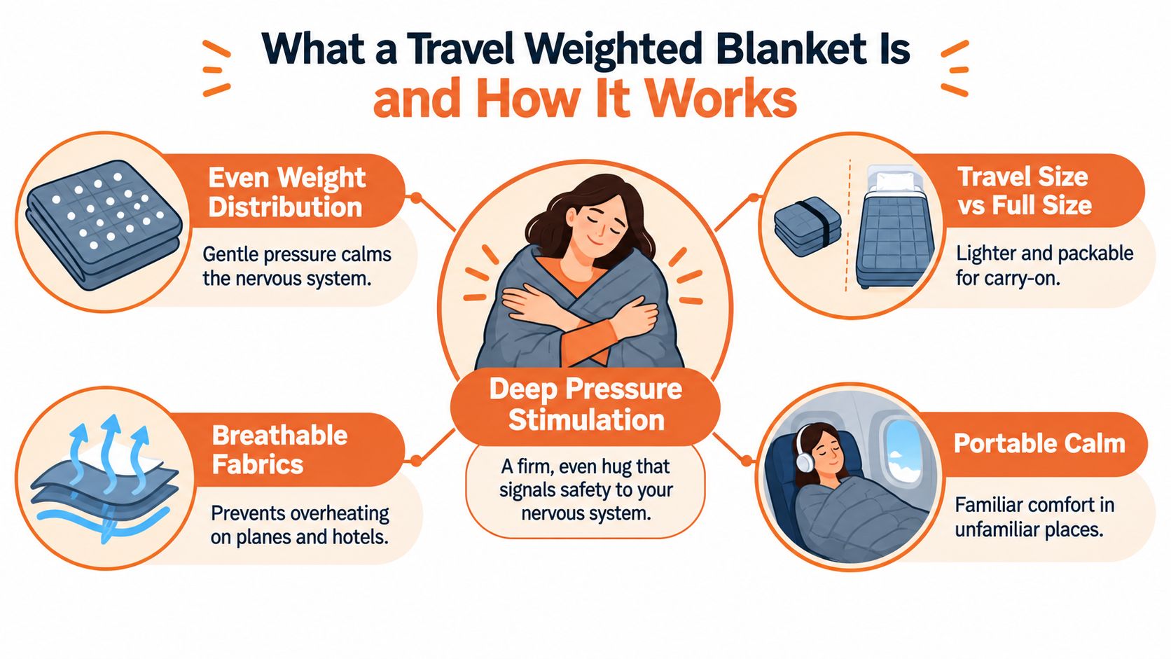 An infographic explaining the benefits and features of a portable travel weighted blanket for relaxation.