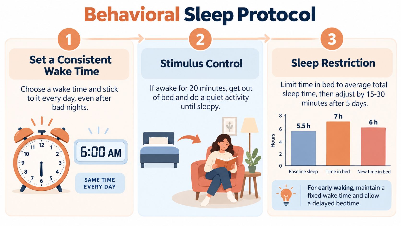 An infographic detailing a behavioral sleep protocol including consistent wake times, stimulus control, and sleep restriction techniques.