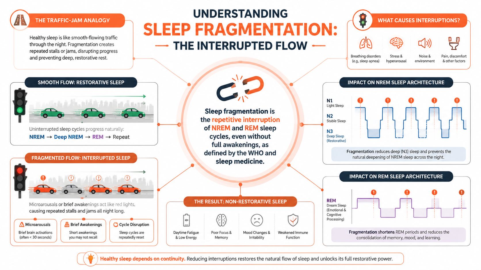 An infographic explaining sleep fragmentation as repetitive sleep cycle interruptions, causes, and impacts on restorative sleep stages.