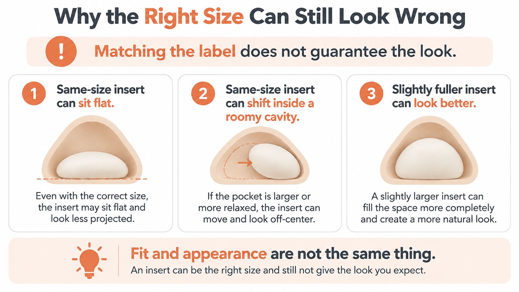 An infographic showing that breast implant size does not guarantee the visual fit and appearance.
