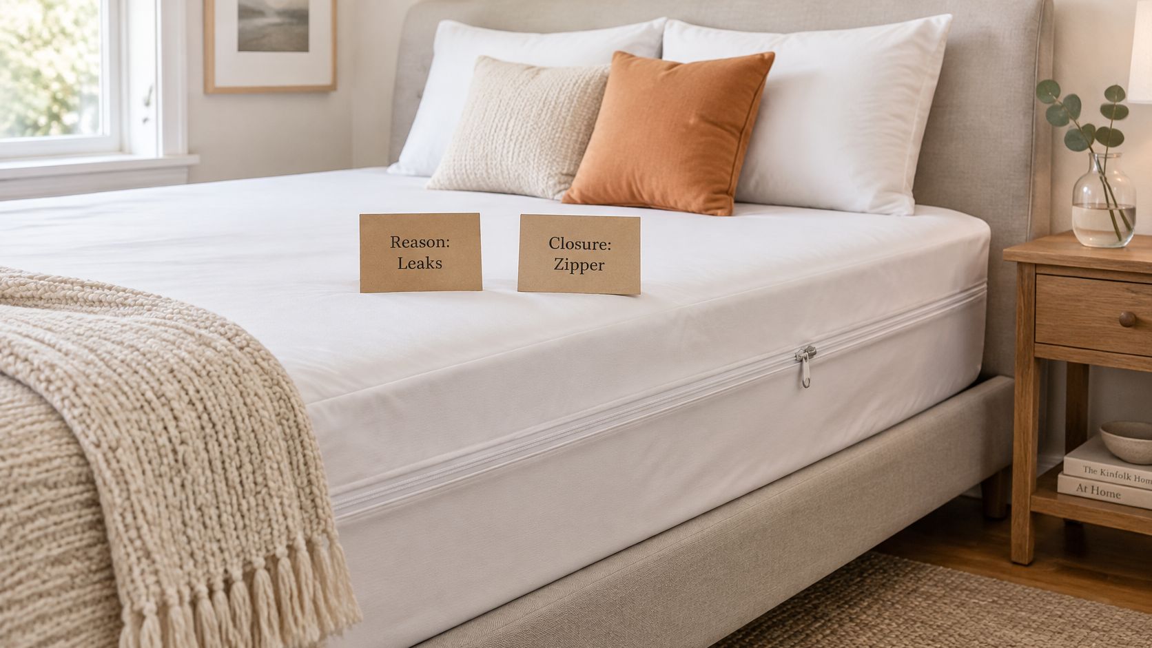A clean white mattress protector with a zippered enclosure placed on a bed in a cozy bedroom.