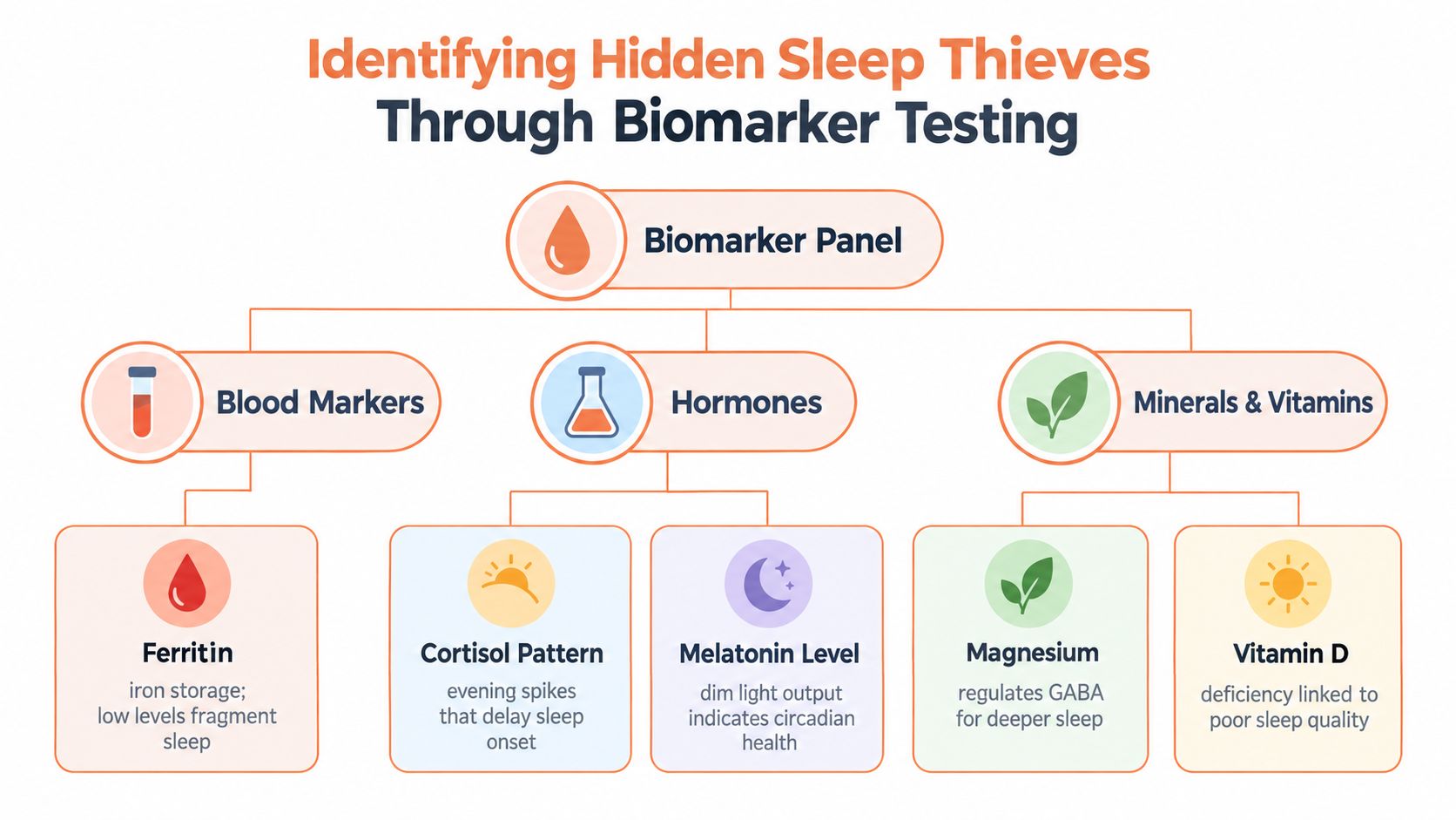An infographic titled Identifying Hidden Sleep Thieves Through Biomarker Testing, showing blood markers, hormones, and essential vitamins.