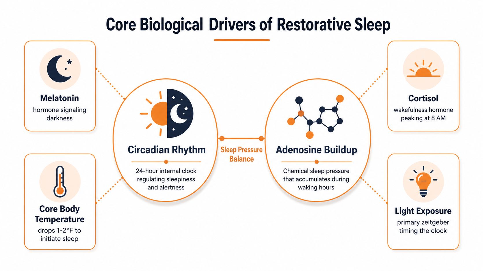 A diagram illustrating the core biological drivers of restorative sleep, including circadian rhythms, adenosine buildup, and external factors.