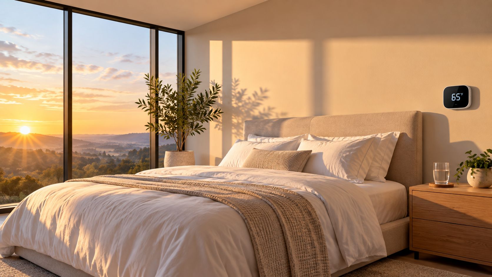 A modern, serene bedroom bathed in warm sunrise light featuring a smart thermostat on the wall.