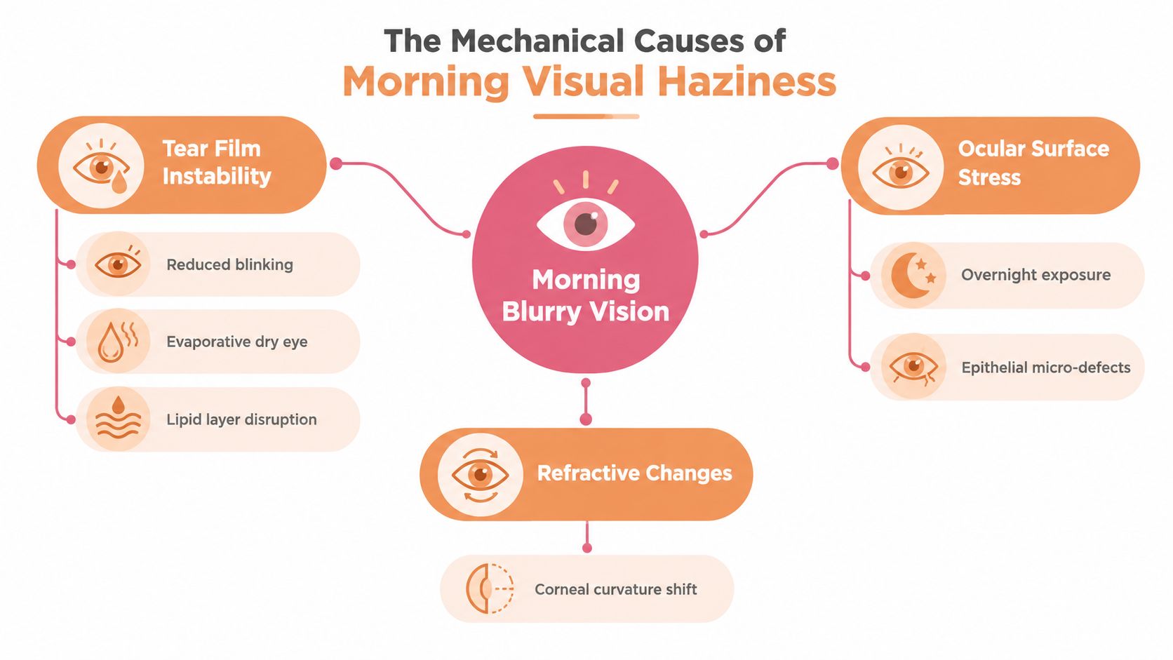 A diagram explaining the mechanical causes of morning blurry vision, highlighting tear film instability, ocular surface stress, and refractive changes.