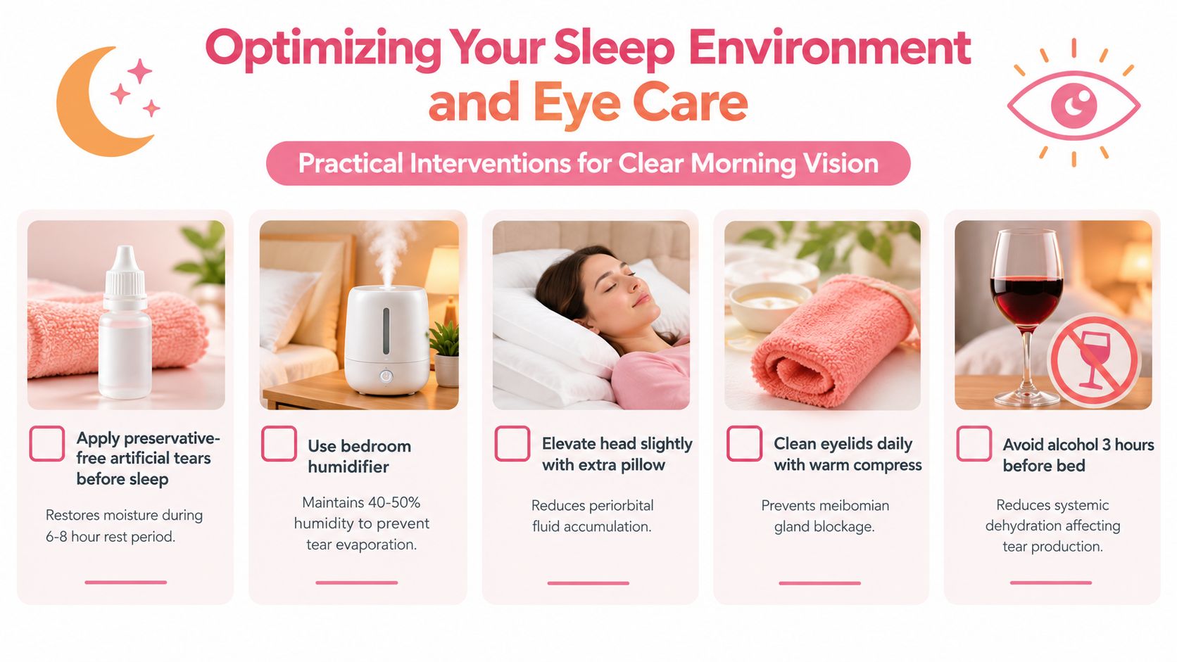 An infographic titled Optimizing Your Sleep Environment and Eye Care with five tips for clear morning vision.