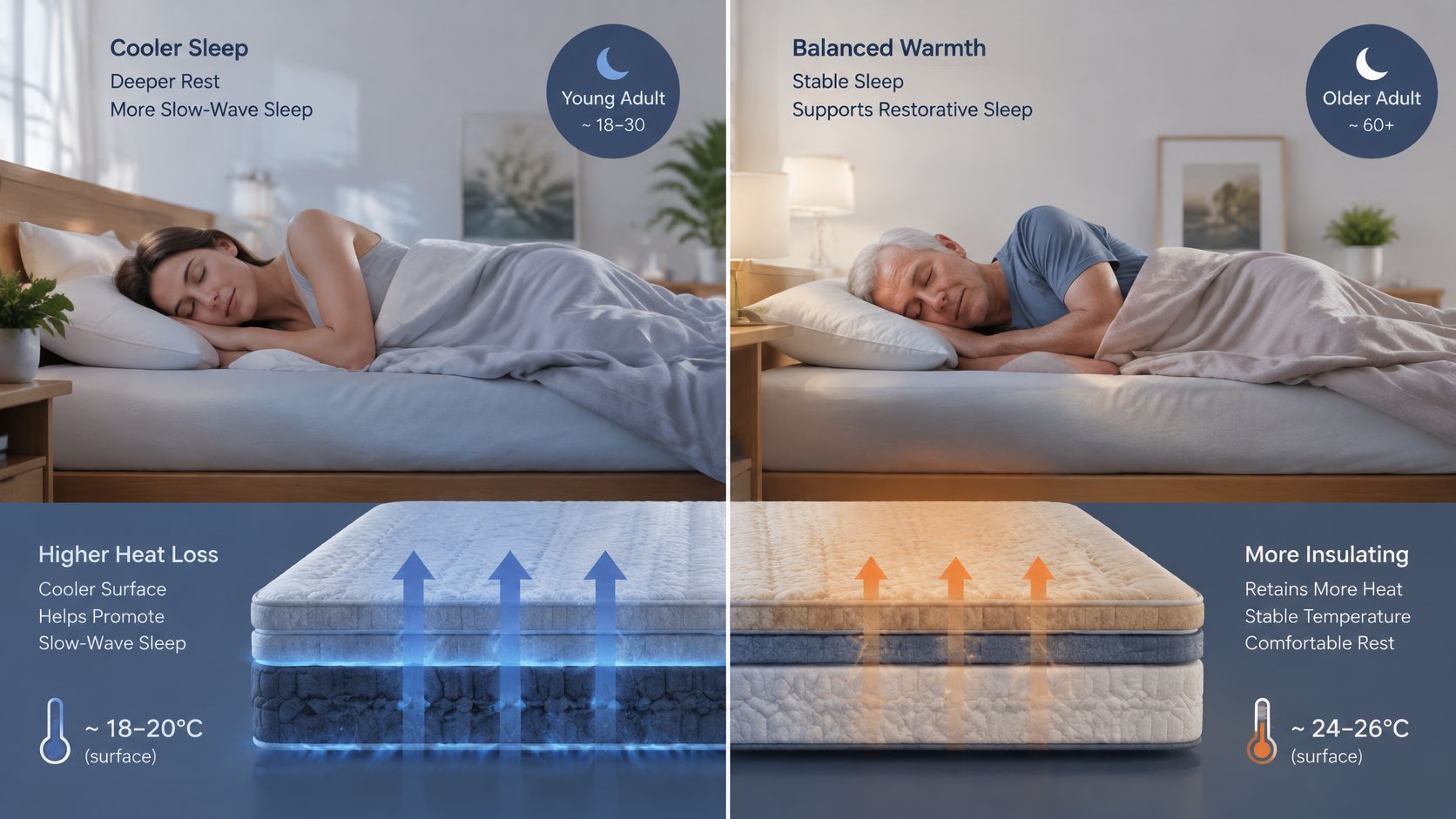 A comparison illustration showing how body temperature affects sleep needs for young adults versus older adults.