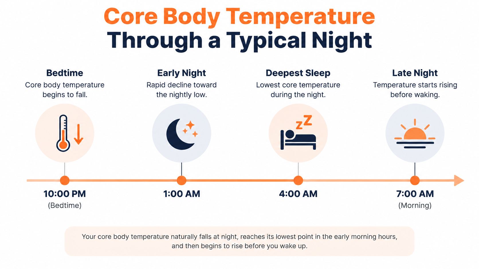 A timeline graphic showing how core body temperature naturally fluctuates throughout a typical night of sleep.