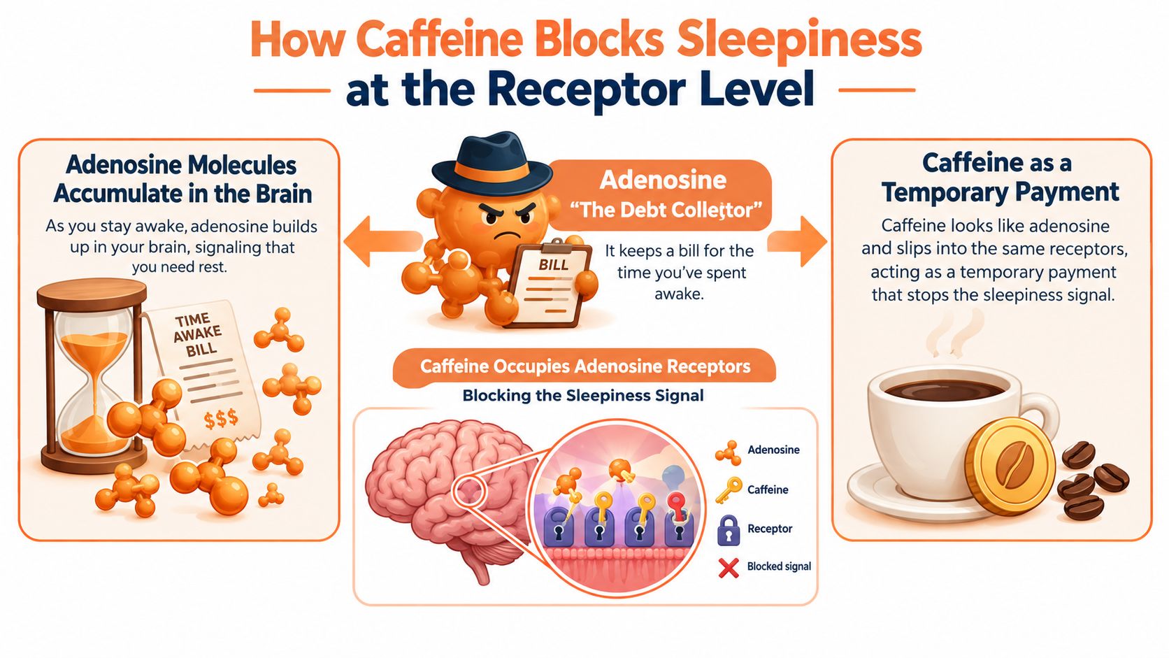 An educational infographic illustrating how caffeine blocks adenosine receptors in the brain to reduce feelings of sleepiness.